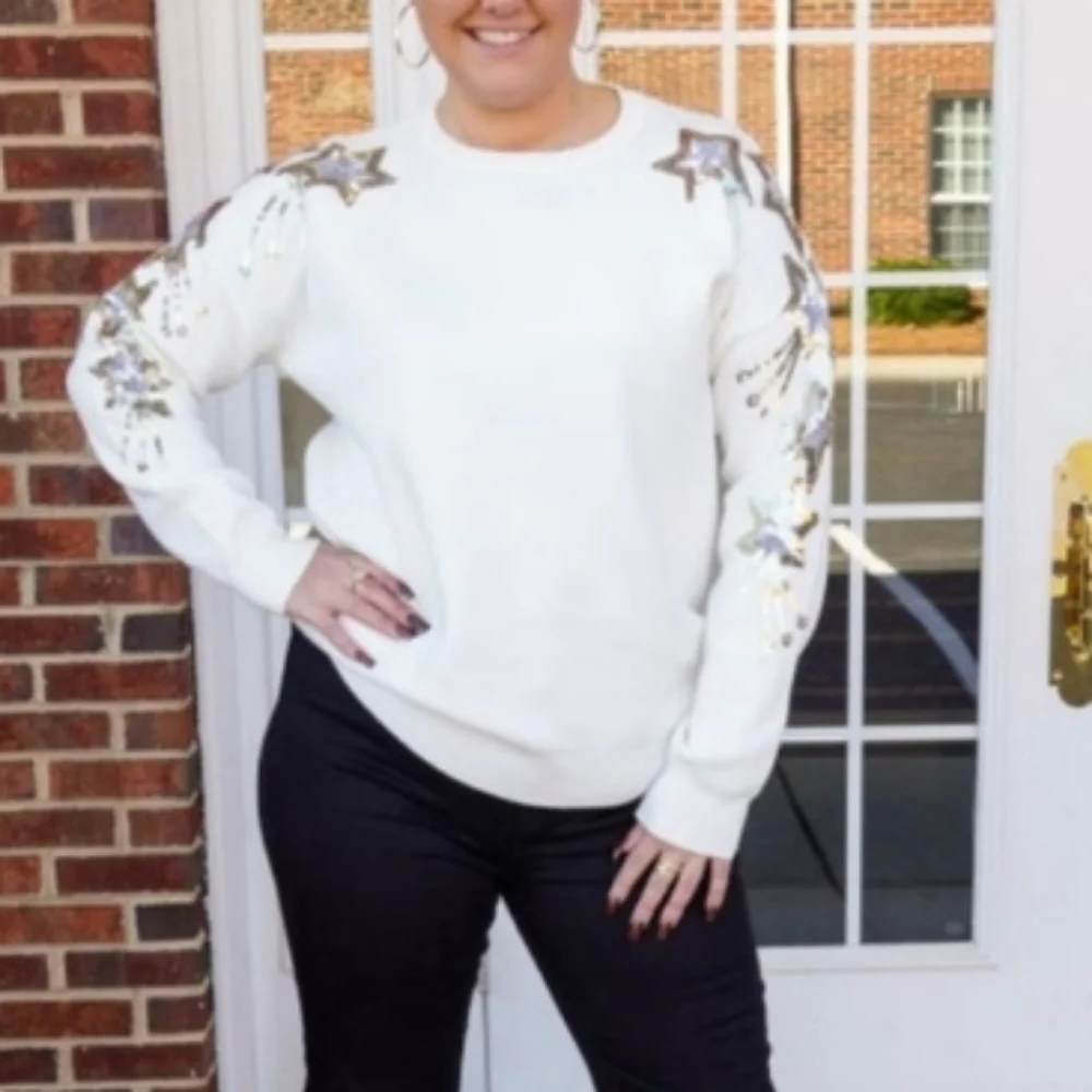 Shooting Stars Sequin Sweatshirt Pullover Top Sweater - Picture 2 of 2